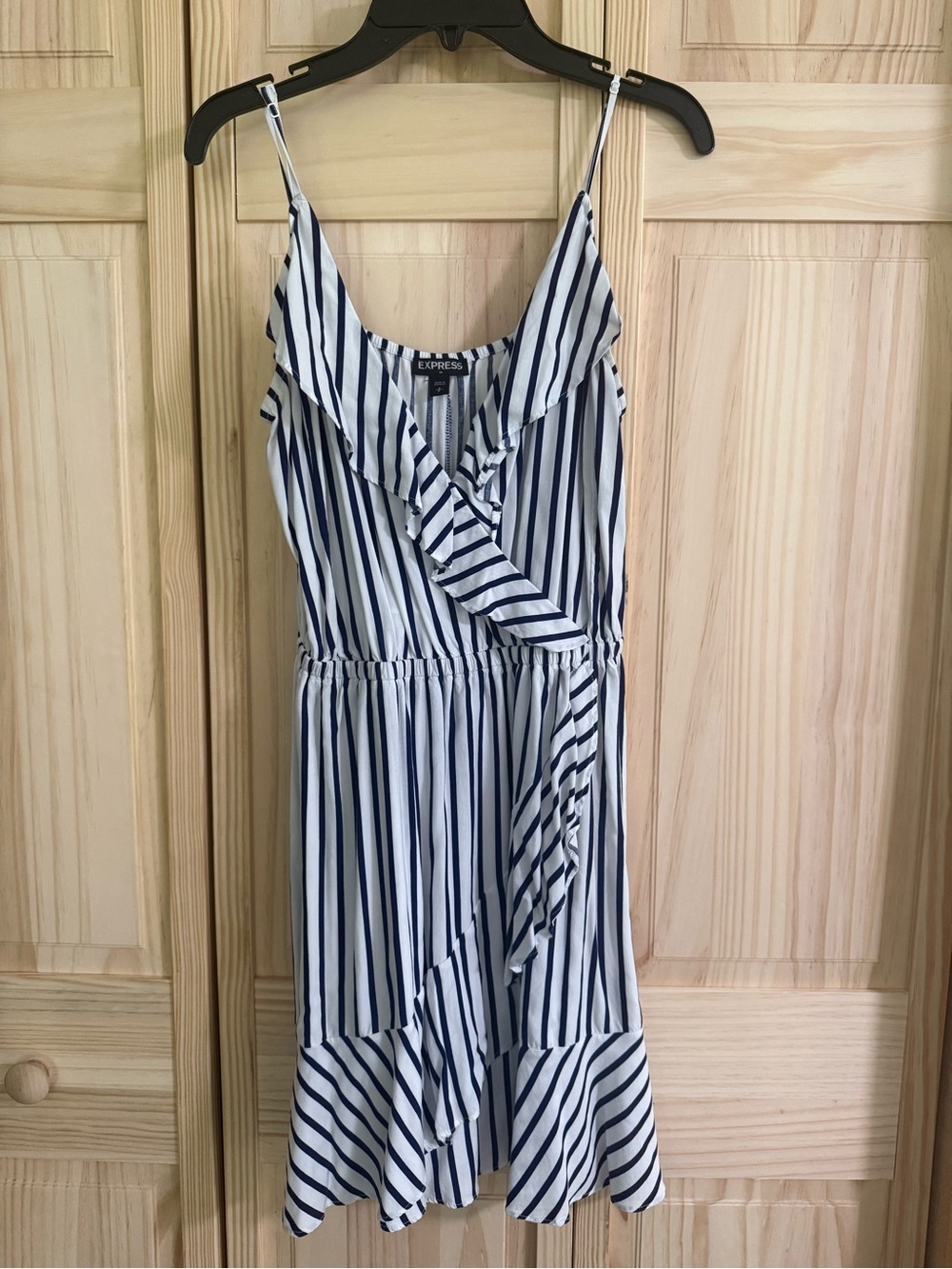Express Navy & White Striped Ruffle Wrap Midi Dress